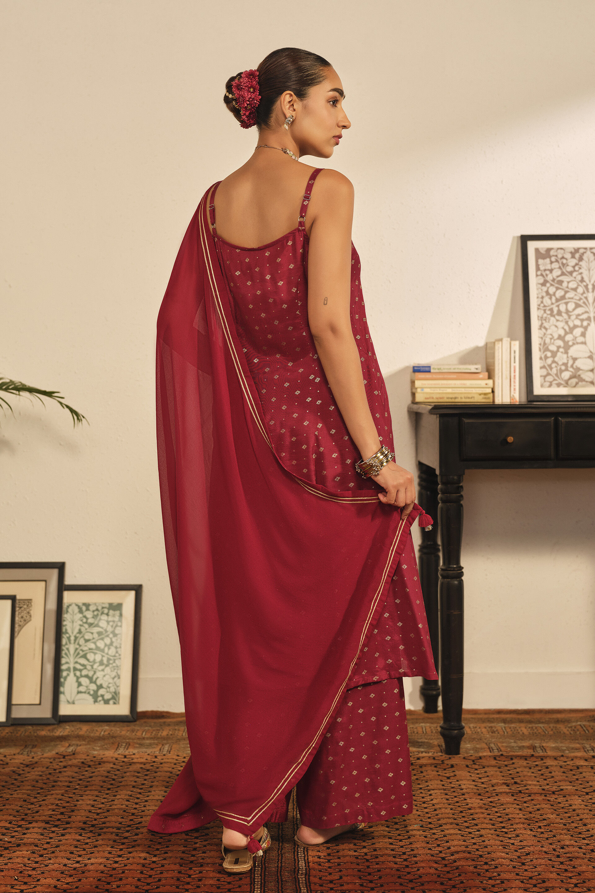 Printed Strappy Kurta Set in Red, Red, image 3